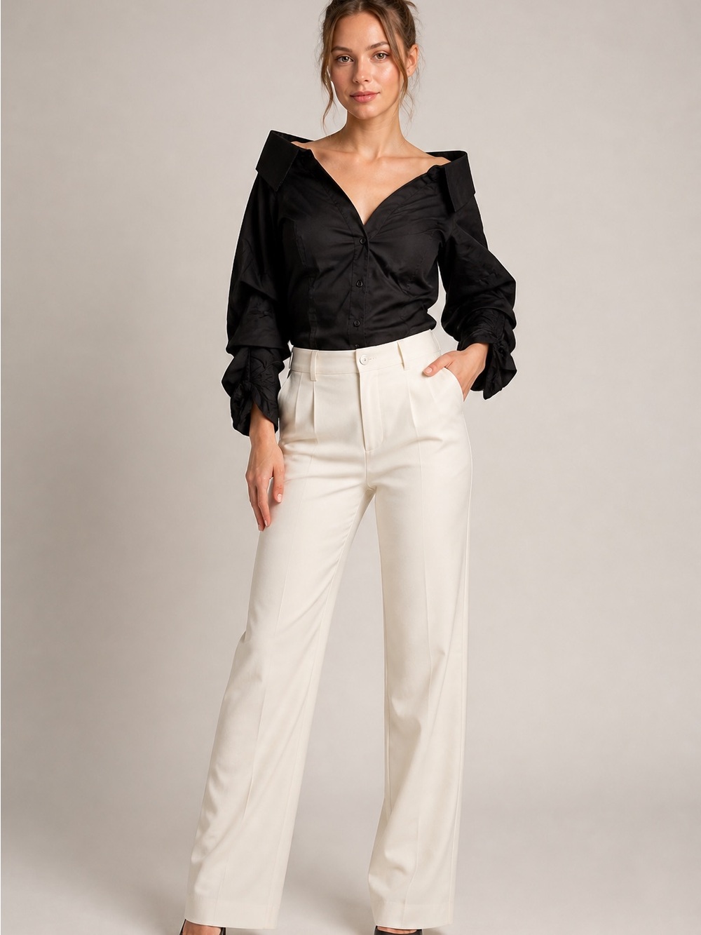 Romeo & Juliet Small Black Tack Layered Slv Off Shoulder Button Up Blouse $108